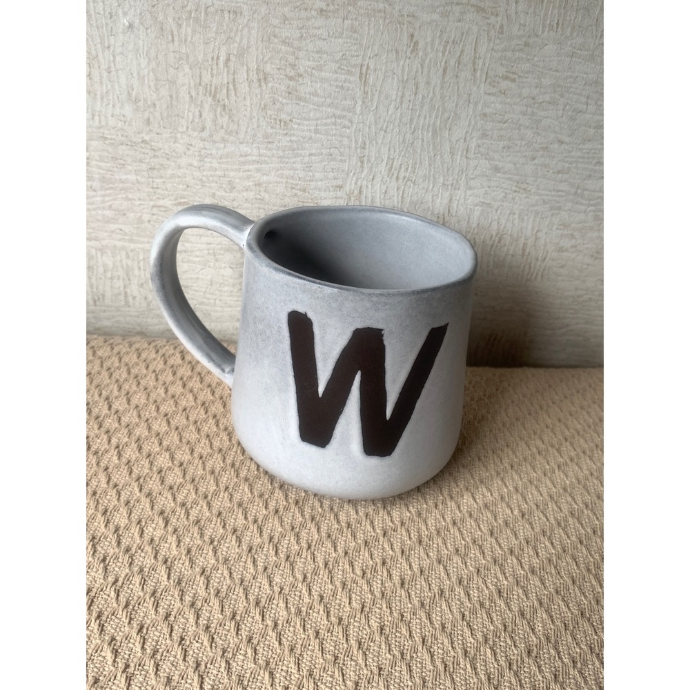 Crate & Barrel Initial W Mug Grey White Stoneware Made in Portugal Coffee Cup